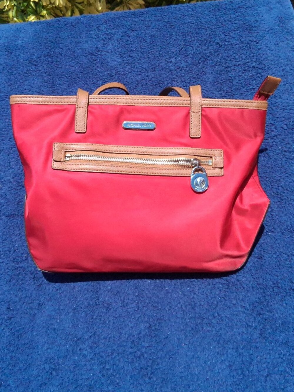 Michael Kors Red Nylon Tote with Tan Saffiano Leather Trim — Style 30T2SKPT1C